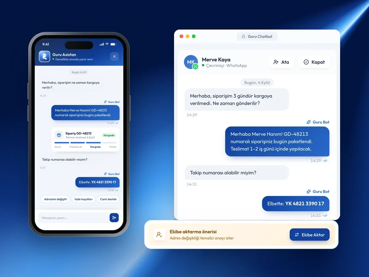 Telefonda ziyaretçinin sohbeti, panelde Guru Bot'un yanıtları ve ekibe aktarma önerisi