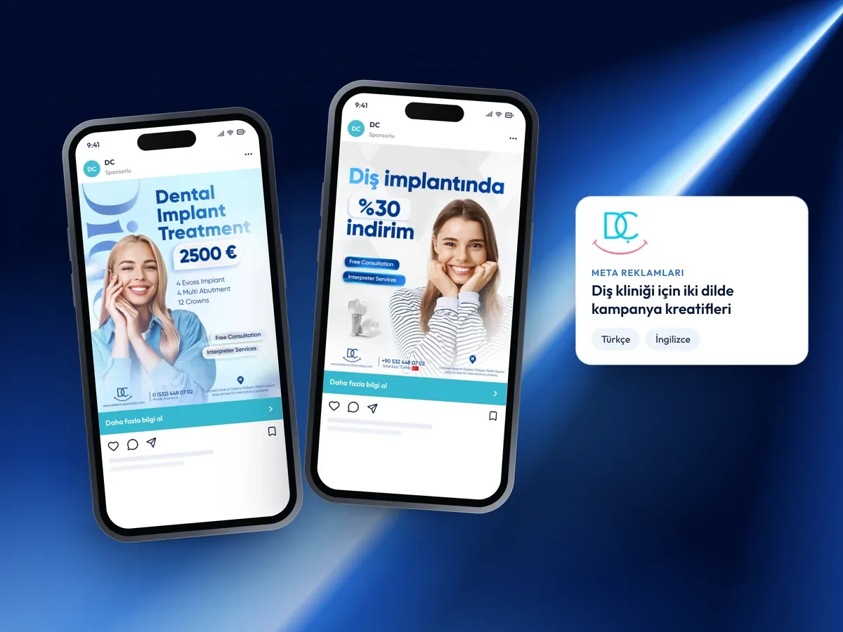 DC diş kliniği için Türkçe ve İngilizce Meta reklam kreatifleri