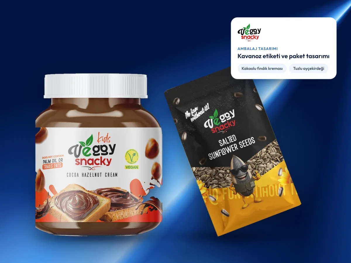 Veggy Snacky kakaolu fındık kreması kavanoz etiketi ve tuzlu ayçekirdeği paketi