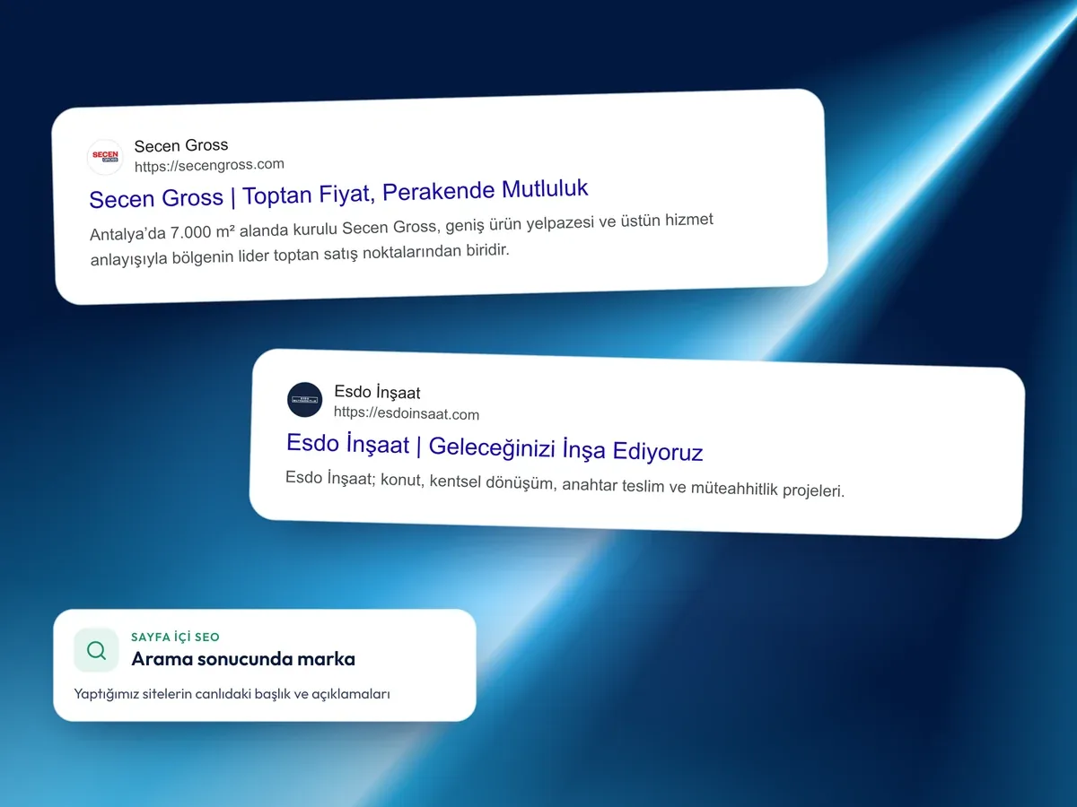 Secen Gross ve Esdo İnşaat sitelerinin arama sonucundaki başlık ve açıklamaları
