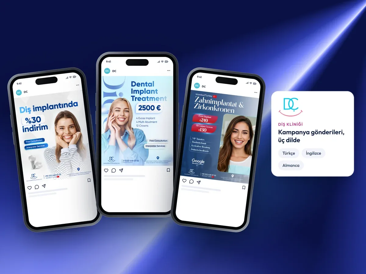 DC diş kliniği için üç dilde kampanya gönderileri