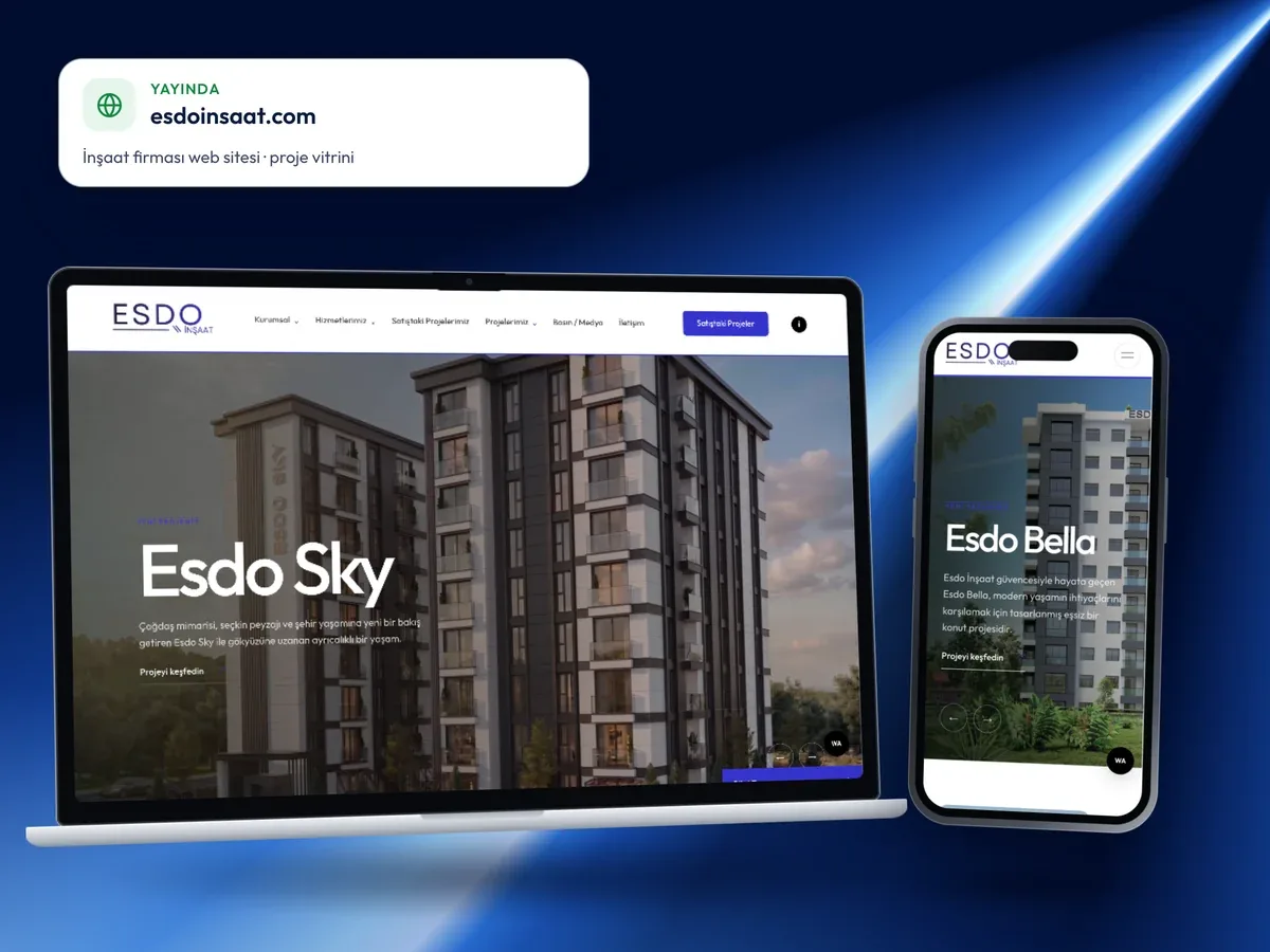 esdoinsaat.com inşaat firması web sitesi, masaüstü ve mobil görünüm