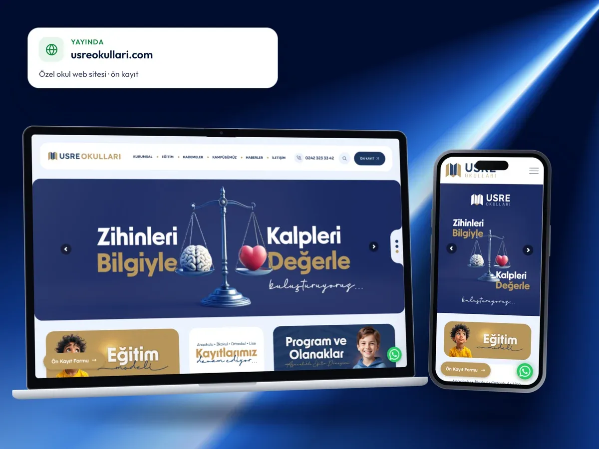 usreokullari.com özel okul web sitesi, masaüstü ve mobil görünüm