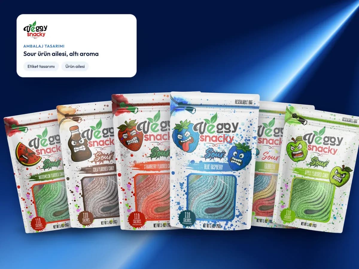 Veggy Snacky Sour ürün ailesi için altı aromalı paket tasarımı