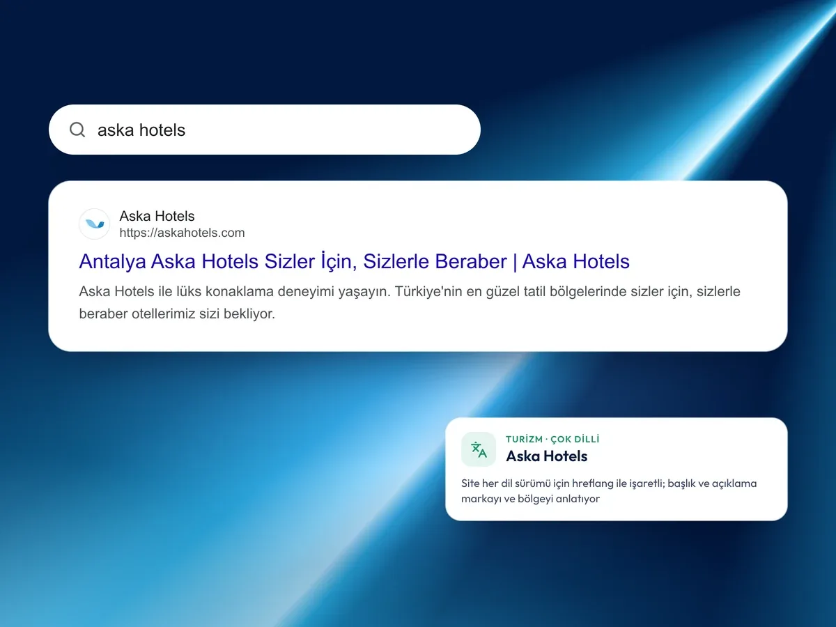 Aska Hotels çok dilli sitesinin arama sonucundaki başlık ve açıklaması
