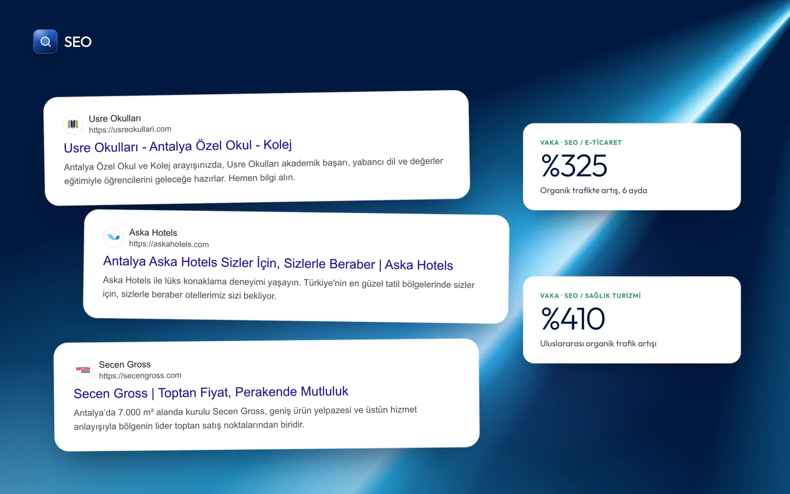 Yaptığımız sitelerin arama sonucundaki görünümü ve SEO vakalarından iki sonuç