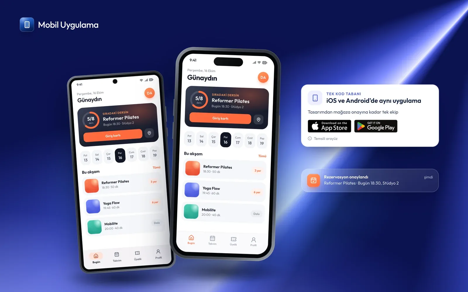 Aynı örnek uygulama iPhone ve Android'de; App Store ve Google Play rozetleri (temsili arayüz)