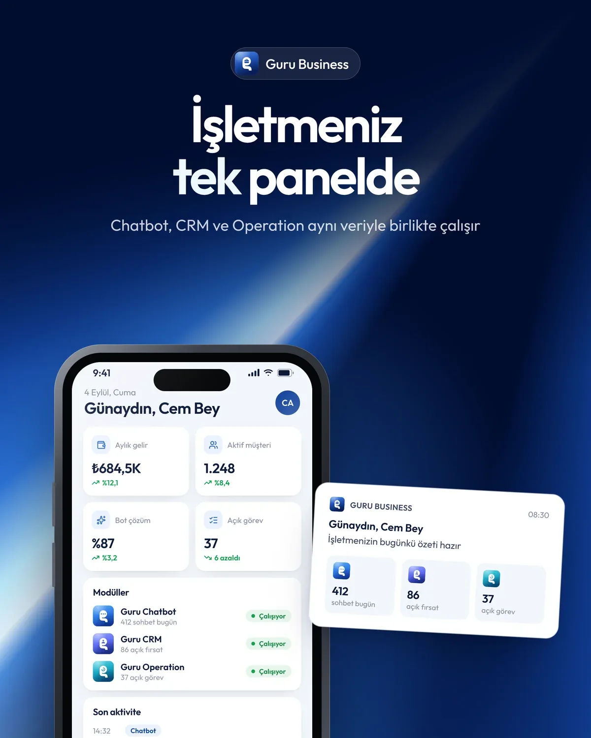 Guru Business kapağı: “İşletmeniz tek panelde” başlığı ve telefonda yönetici özeti