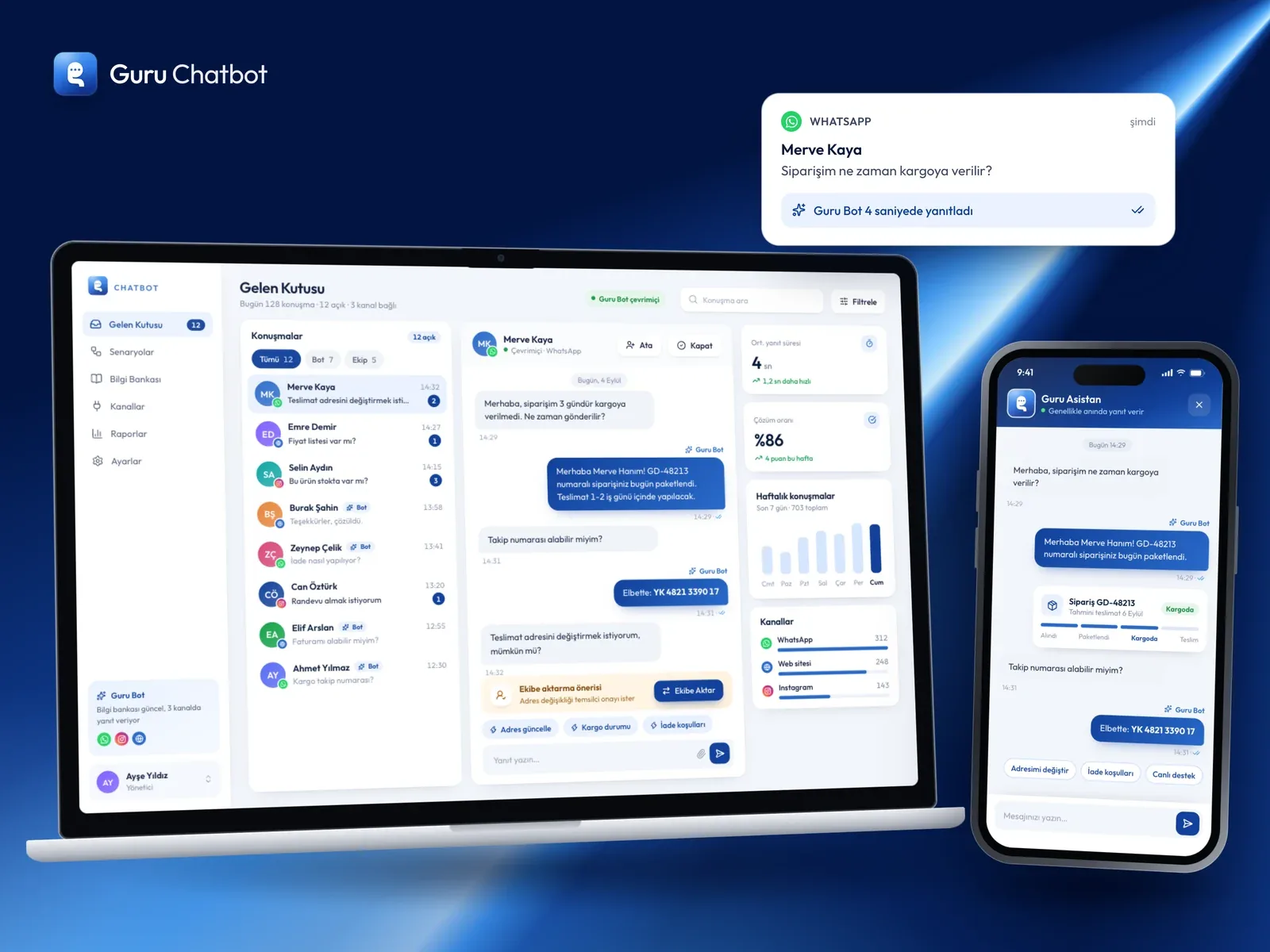 Guru Chatbot dizüstü ve telefonda: gelen kutusu, web sitesi asistanı ve Guru Bot'un yanıtladığı WhatsApp mesajı