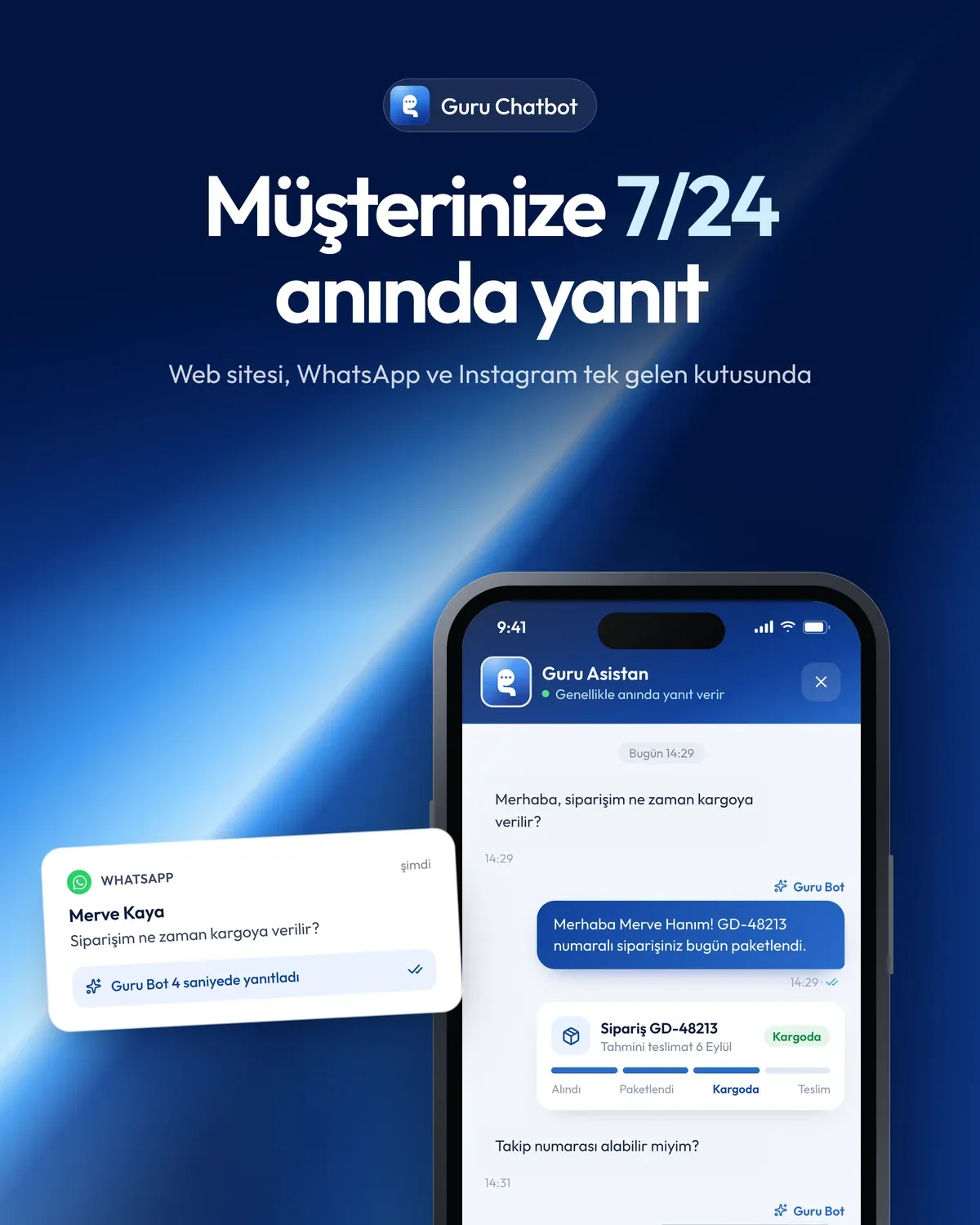 Guru Chatbot kapağı: “Müşterinize 7/24 anında yanıt” başlığı ve telefonda web sitesi asistanı