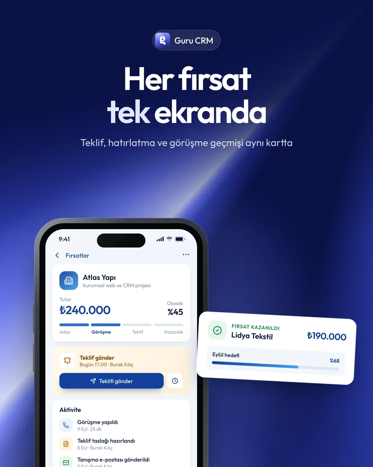 Guru CRM kapağı: “Her fırsat tek ekranda” başlığı ve telefonda fırsat ayrıntısı